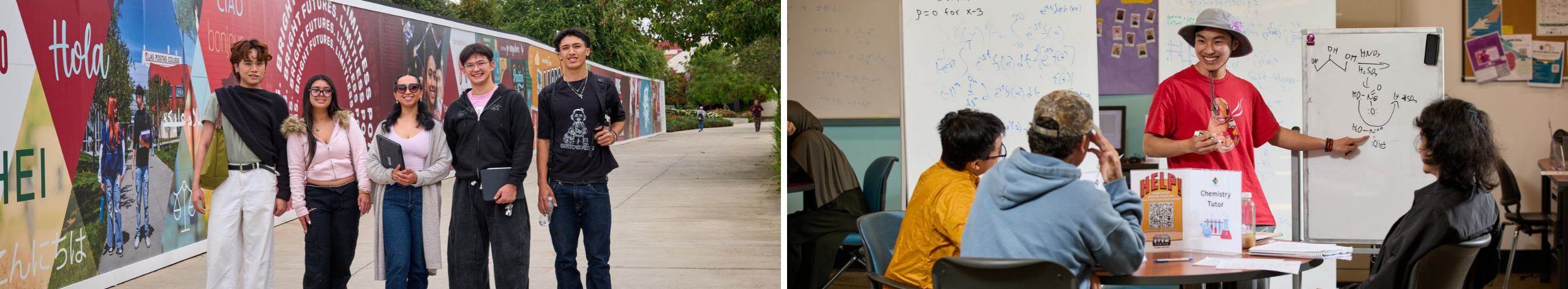 Five college students standing together outdoors in front of a colorful campus mural. In the adjacent image, a student tutor in a red shirt explains chemistry concepts on a whiteboard to three students seated around a table.