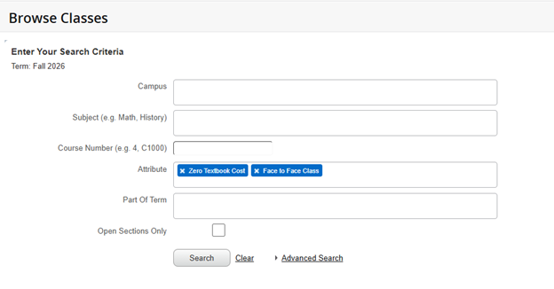 Attributes can be viewed from the Browse Classes link through the Faculty Dashboard Attributes can be viewed from the Browse Classes link through the Faculty Dashboard