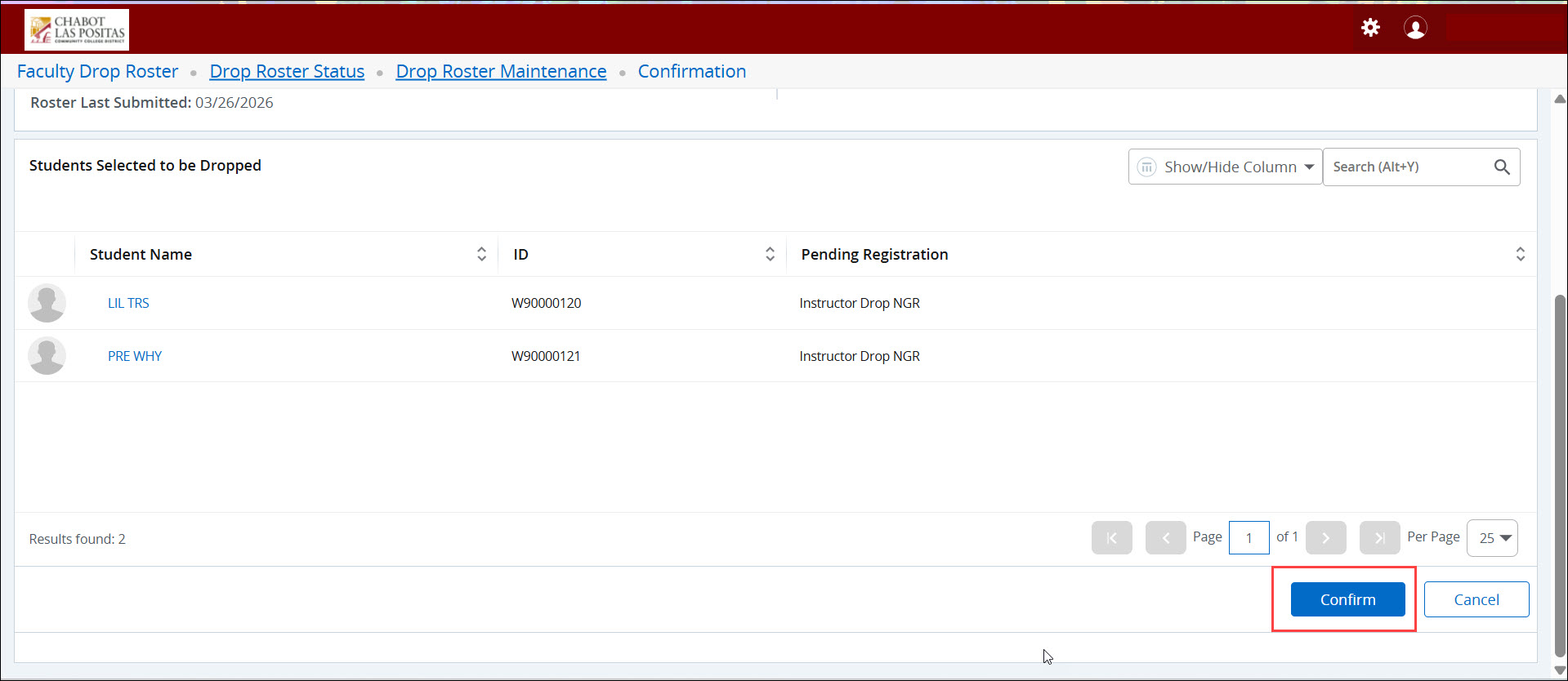 Confirm Instructor Drop NGR 