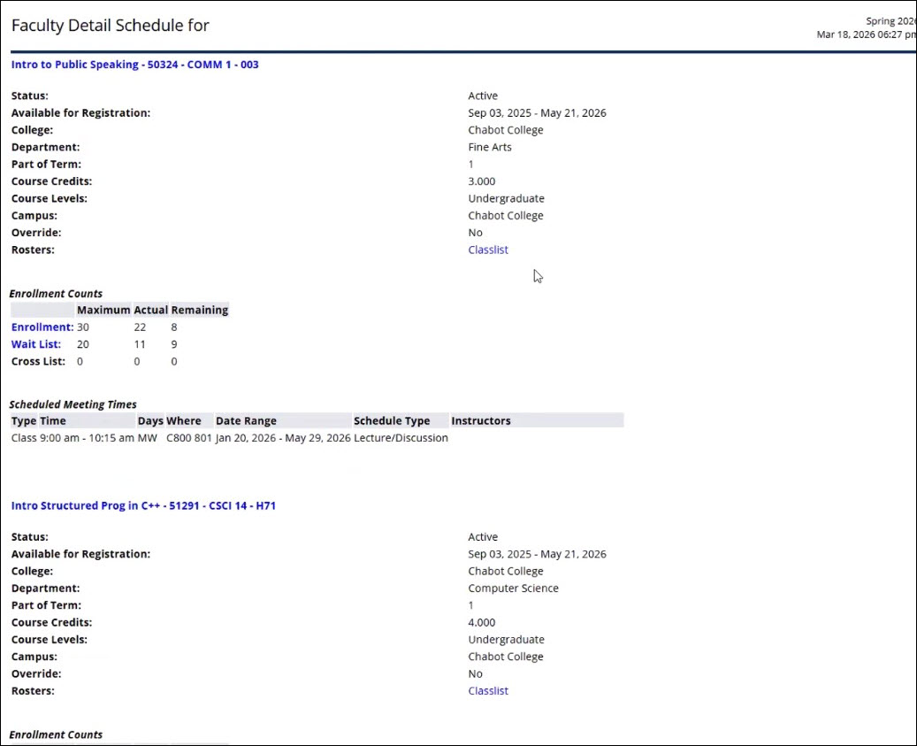 CLASS-Web Detail Schedule