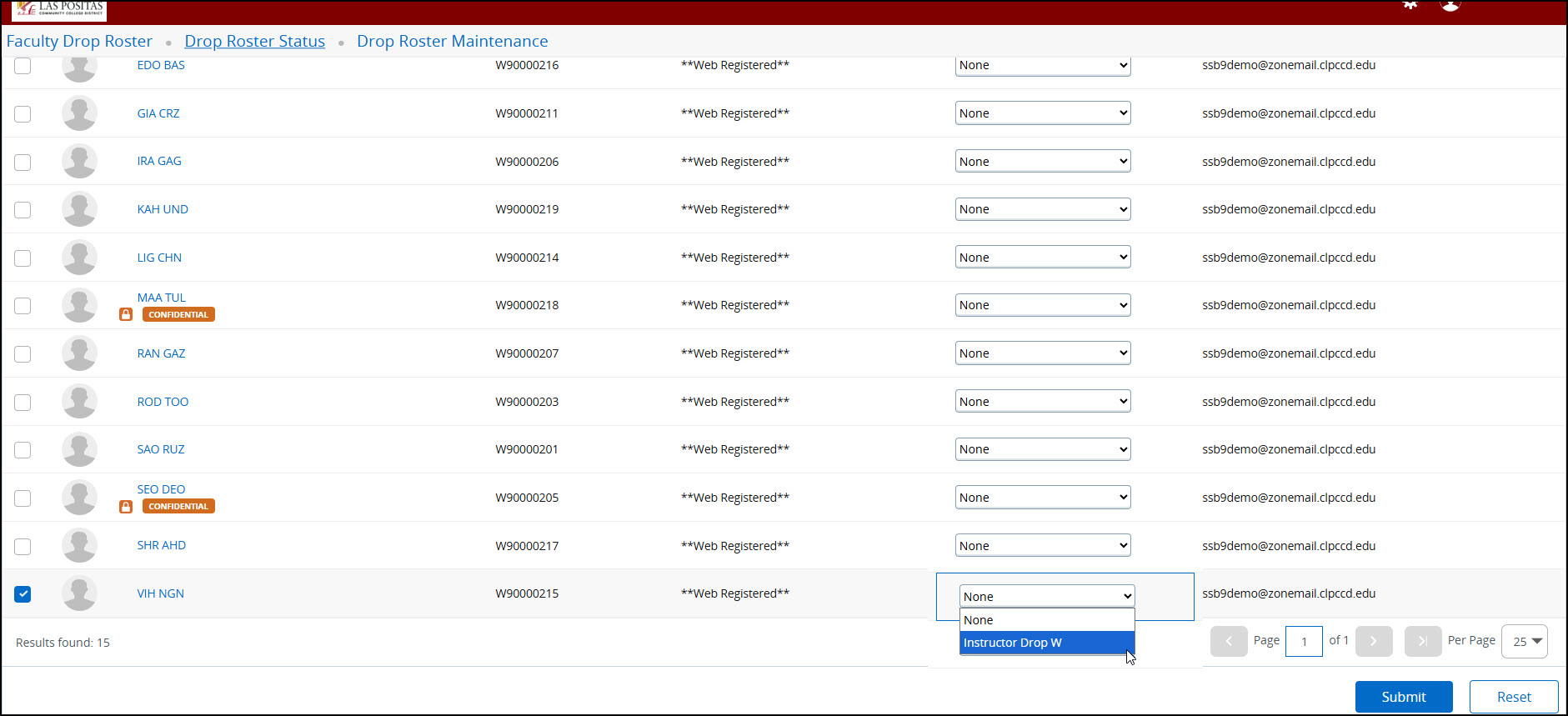 Faculty Drop Withdrawal Roster displays